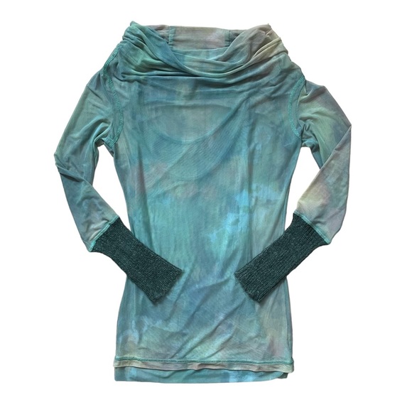 2000s NTS Not The Same Double Mesh Green Long Sleeve Top Small Medium - Picture 2 of 5